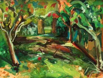 Apple Orchard Painting by Jenny Meehan aka jennyjimjams. Expressionistic landscape painting g of an orchard by Jenny Meehan 2009, landscape painted at Earnley Concourse in Sussex, oil painting of an apple orchard, painting by British artist, 