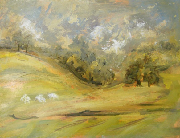 Three sheep at West Dean College, West Dean Estate near  Chichester, landscape painting by Jenny Meehan aka jennyjimjams, contemporary artist in London and Surrey UK 
