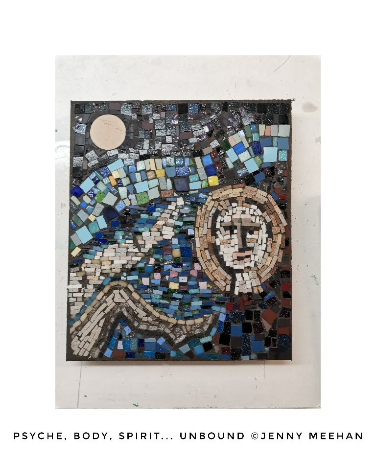 Psyche, Body, Spirit...Unbound Mosaic by Jenny Meehan, contemporary mosaic art, sexuality, identity, visual art poem, word and image, mosaic art, open water swimming mosaic, psychoanalysis and contemporary female artist, woman artist in UK mosaic, literature and feminist art, feminism