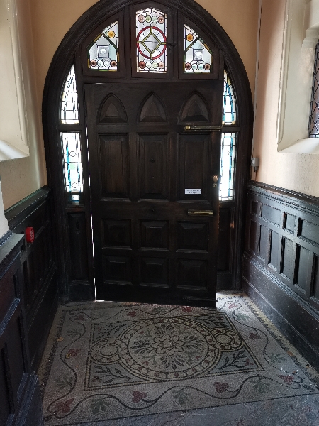 Lovely entrance floor mosaic and stained glass windows at Hillcroft Women's College (used to be called "The Gables" now Hillcroft College is "Richmond and Hillcroft Adult and Community College"